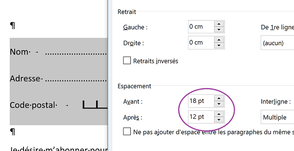 Augmenter espace entre rubriques du coupon réponse Word pour faciliter saisie et écriture stylo