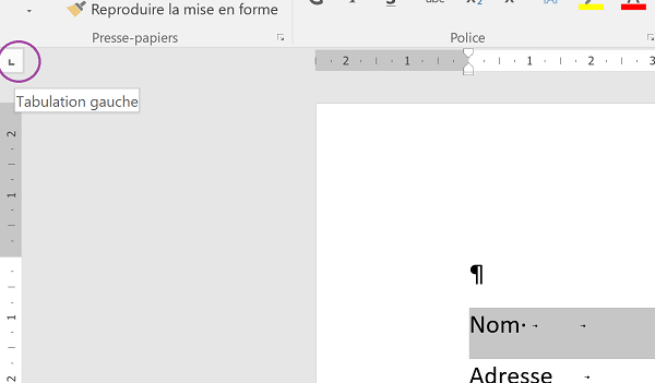 Taquet de tabulation pour alignement par la gauche dans coupon-réponse Word