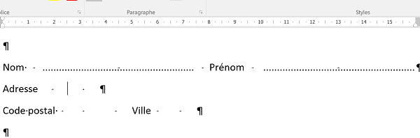 Lignes guide des zones de saisie du bulletin de participation Word