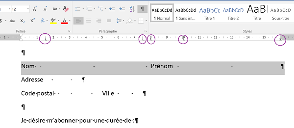 Placer les taquets de tabulation pour construire le coupon réponse Word