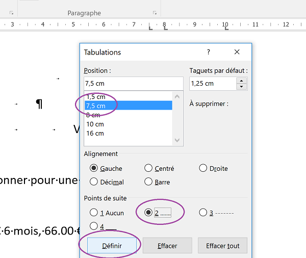 Boîte dialogue taquets tabulation pour points suite zones écriture coupon réponse