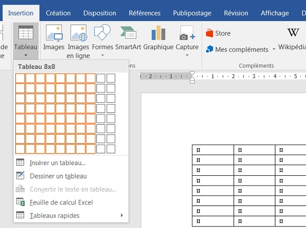 Création des lignes et colonnes du tableau à la souris