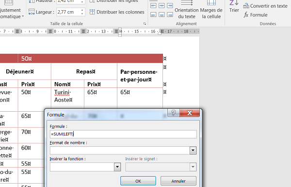 Poser un calcul dans cellule tableau Word