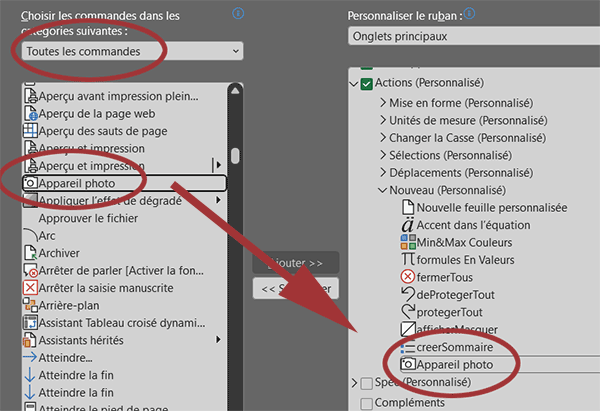Ajouter l-appareil photo dans un ruban Excel