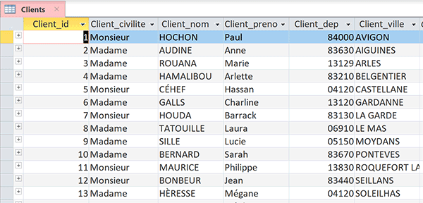 Table Access des clients à facturer depuis formulaire