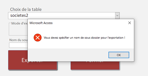 Exportation des données refusée car dossier nom spécifié en VBA Access
