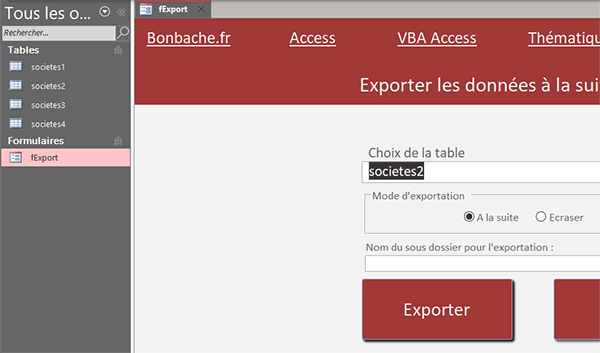 Formulaire Access pour exporter des données dans un dossier
