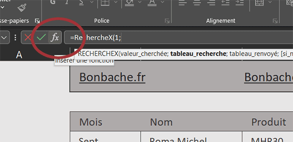 Assistant fonction RechercheX avec Excel