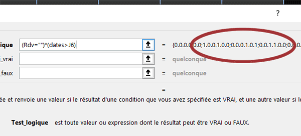 Matrice de booléens repérant les dates concordantes dans la formule Excel