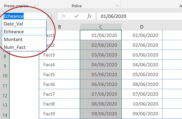 Noms des colonnes du tableau Excel pour désigner les matrices dans les formules