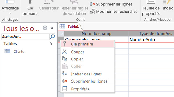 Création clé primaire base de données Access