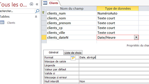 Typage des champs de table en conception