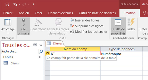 Première table Access en mode conception
