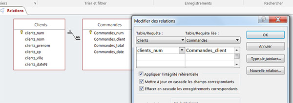 Relations entre les tables avec intégrité référentielle