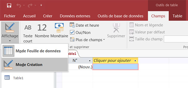 Première table Access en feuille de données