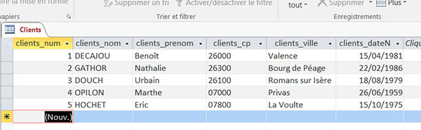Saisie enregistrements table Access
