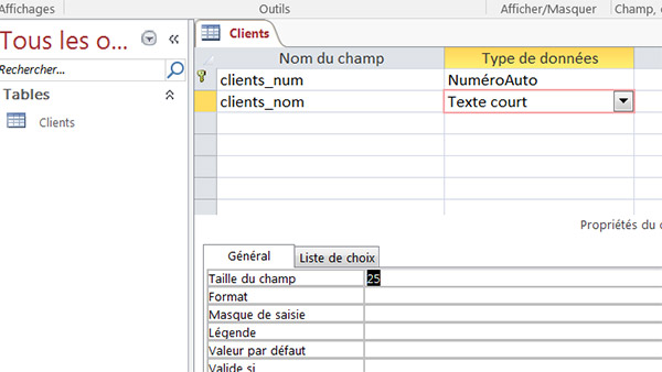 Propriété Taille du champ en création de table Access