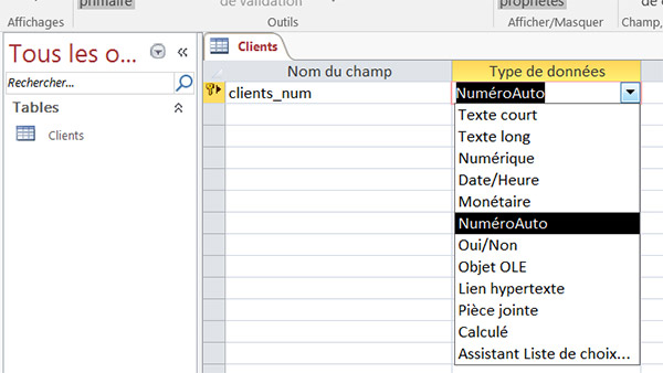 Création des champs de table, Type de données et tailles