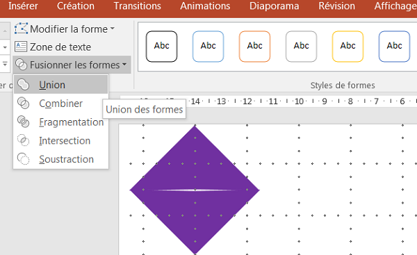 Réunir formes de dessin Powerpoint, union objets