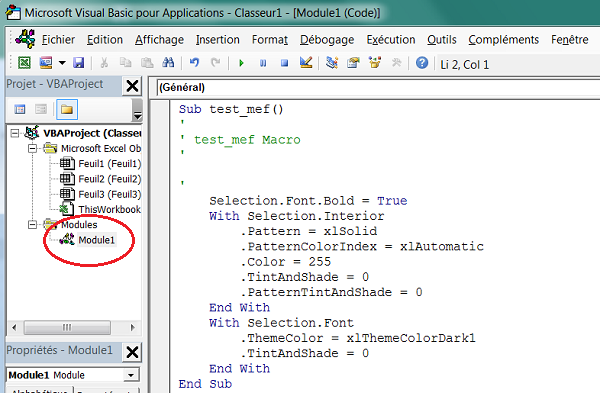 Code Visual Basic de la macro enregistrée sous Excel