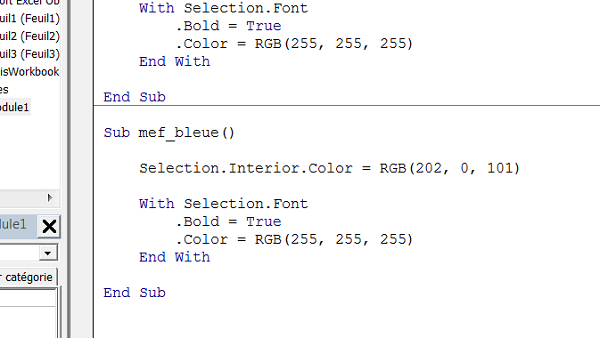 Codage manuelle de macros VBA dans un module