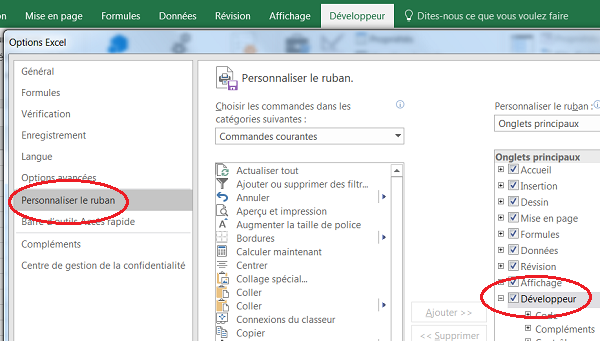 Afficher le ruban développeur pour le vba Excel