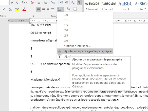 Ajouter espace entre les paragraphes du texte Word