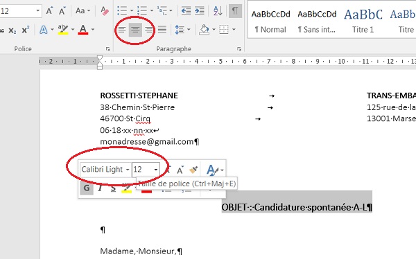 Barre de mise en forme contextuelle à sélection dans Word