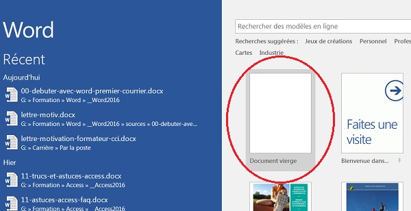 Accueil Word, thèmes pour nouveau document