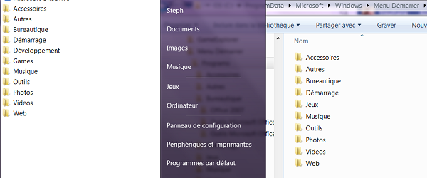 Endroit dans explorateur Windows pour modifier organisation menu Démarrer