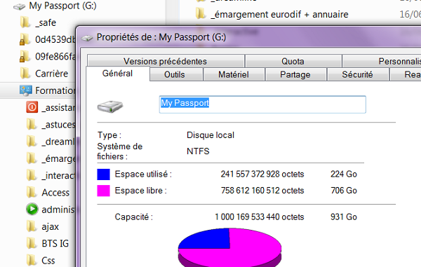 Propriétés du disque dur avec système de fichiers NTFS