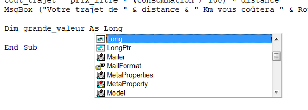 Types de variables VBA avec liste déroulante Intellisense