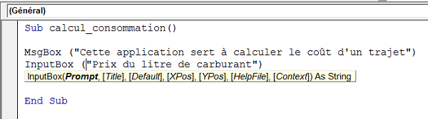 Boîte de dialogue avec zone de saisie en Visual Basic Excel