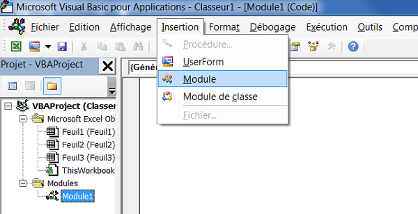 Module Visual Basic pour écrire le code