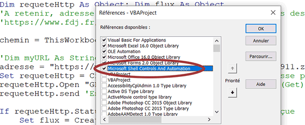 Référence Microsoft Shell dans le projet VBA Excel pour les lignes de commande DOS
