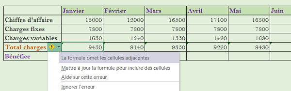 Ignorer suggestions erreurs de calcul dans Excel