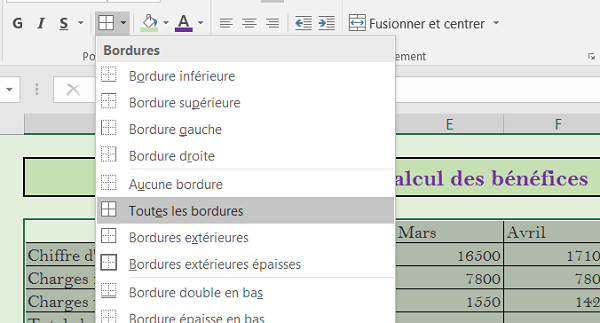 Bordures intérieures et extérieures du tableau Excel