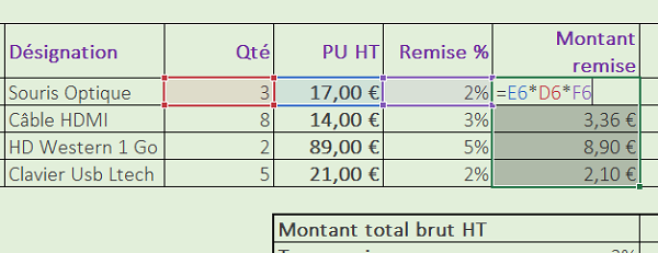 Montant hors taxes remisé pour facturation Excel