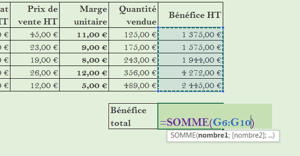 Somme automatique et dynamique des bénéfices dans Excel