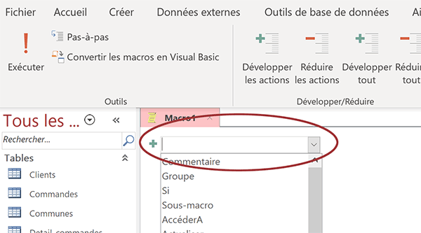 Liste des actions à définir pour concevoir la macro Access