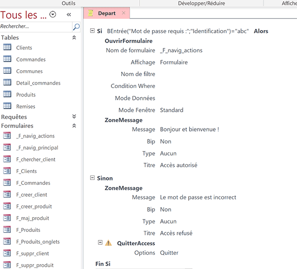 Actions conditionnelles de macro Access pour protéger accès au formulaire de démarrage
