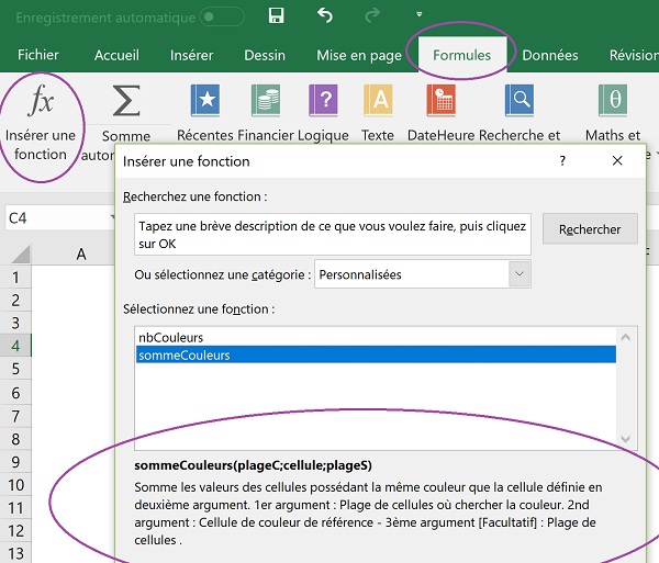 Descriptions des nouvelles fonctions créées en VBA depuis assistant fonctions de calcul Excel