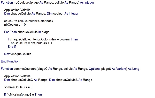 Code VBA des fonctions conditionnelles Excel de calcul sur les couleurs de fond