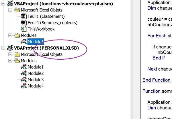Présence du modèle du classeur de macros personnelles dans le projet VBA pour enregistrer les fonctions partout