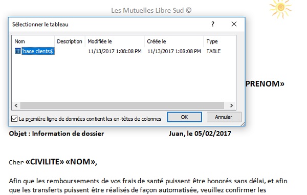 Définir la feuille du tableau de données Excel pour fusion avec Word par publipostage