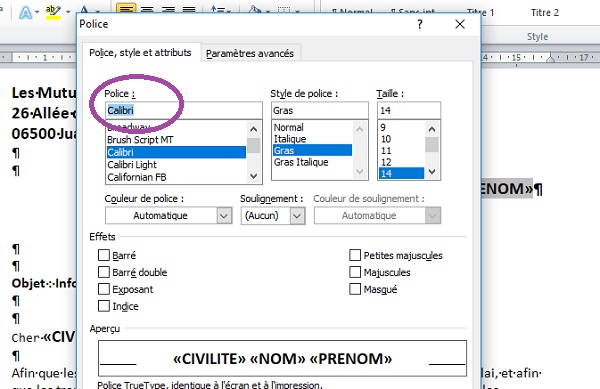 Corriger le souci de changement de police sur les champs avant fusion du publipostage Word