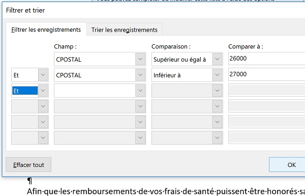 Créer requête selon critères recoupés sur champs de fusion pour envois sélectifs aux clients avec Publipostage Word