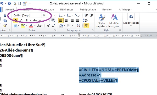 Sélectionner champs de fusion pour forcer et figer police en Calibri après publipostage Word