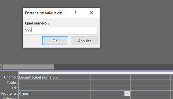 Boîte de dialogue de requête Access pour taper la valeur du début de la numérotation automatique