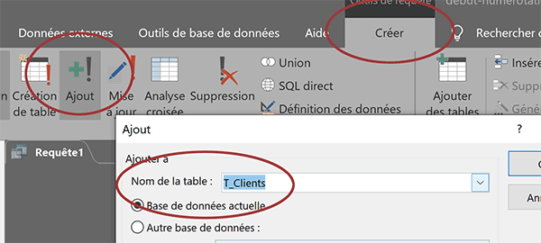 Créer une requête Ajout avec Access pour définir le début de la numérotation automatique